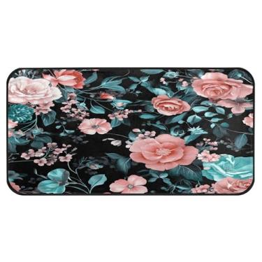 Imagem de Burbuja Tapete de cozinha floral azul-petróleo rosa 51 x 99 cm, tapete lavável antiderrapante com suporte de borracha, tapete para cozinha, sala de estar, banheiro, decoração de casa