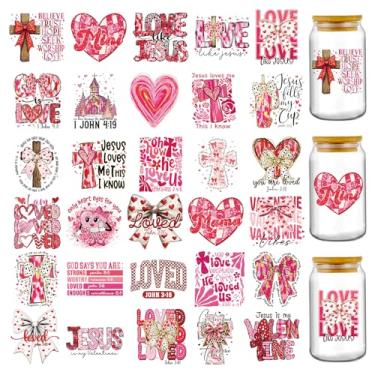 Imagem de Adesivos UV DTF Christian Valentine - 30 folhas Jesus is My Valentine UV DTF Cup Wraps para garrafa de água de vidro de 473 ml, laço de coração rosa, adesivo de transferência de religião DIY Tumbler