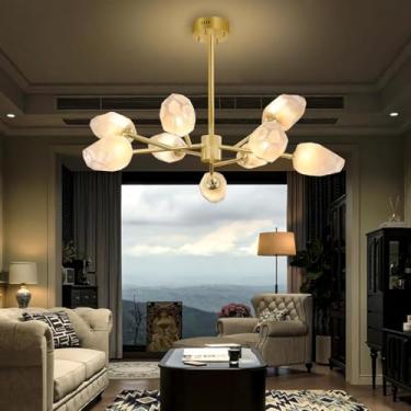 Imagem de Lustre retrô Sputnik dourado com 15 lâmpadas, luminária de sala de estar com cúpula de vidro, luminária pendente estilo meados do século XX com globo de vidro, ideal para sala de jantar, qua