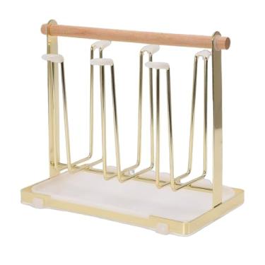 Imagem de TOPINCN Suporte para Rack de Secagem de Copos, Suporte para Copos de Ferro e Madeira de Faia Com 6 Ganchos Com Tampa de Silicone Antiderrapante e Bandeja de água, para Armazenamento de