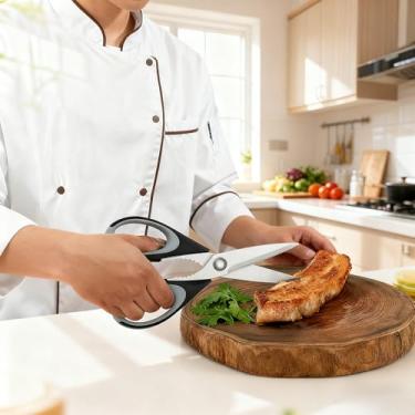 Imagem de Tesouras de cozinha para alimentos, tesouras multiuso de aço inoxidável com cabo antiderrapante confortável para carne, aves, ervas e vegetais (cinza)