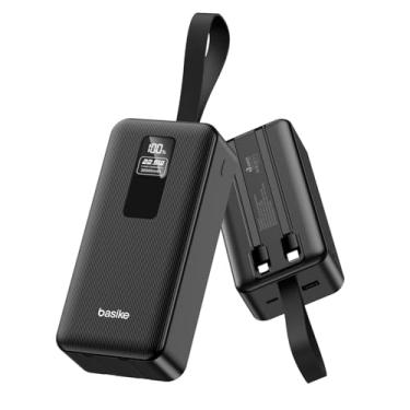 Imagem de Basike Power Bank, Carregador Portátil Universal 30000mAh, USB-A(até 22.5W)+USB-C(até PD20W), com 2 Cabos Integrados (USB-C, Lightning) Carregamento Rápido (Preto, Milliamp Hours, 30000)