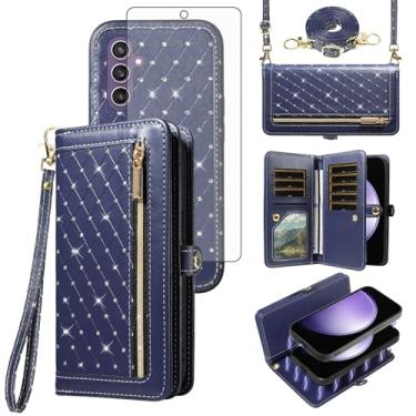 Imagem de Capa de celular para Samsung Galaxy S23 FE 5G Carteira com zíper destacável com protetor de tela de vidro temperado alça transversal Bling Flip porta-cartão de crédito S 23 EF S23FE 23S mulheres