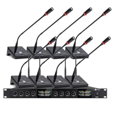 Imagem de W IN-MIX Sistema de microfone de conferência sem fio, microfone de pódio sem fio de 8 canais, 8 microfones pescoço de ganso com frequência ajustável, ruído de fundo super baixo para palestras, igreja