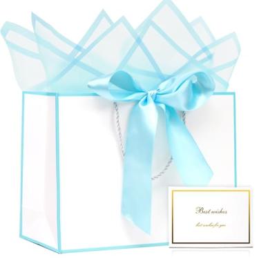 Imagem de KeerxunBag Conjunto de sacolas de presente premium - branco elegante com alça de fita, cartões comemorativos e lenços, adequado para aniversários, casamentos e dia das mães (32 x 11 x 25 cm) branco +