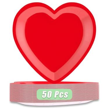 Imagem de JIEFULL 50 peças de pratos de papel em formato de coração vermelho 23 cm descartáveis para dia dos namorados para festa dos namorados, reuniões de aniversário, casamento, noivado, suprimentos de mesa