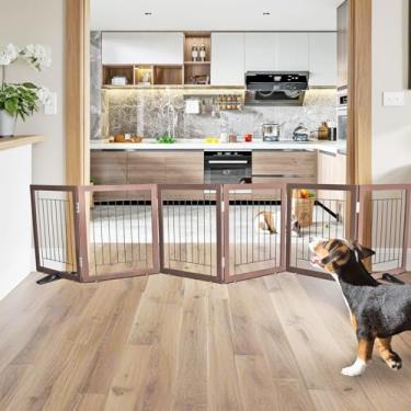 Imagem de Cerca interna para cães – portão independente de 6 painéis para portas, corredores, casa ou escadas - animal de estimação de madeira expansível retrátil de 300 x 81 cm da SFJC (marrom)