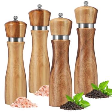 Imagem de UKQRRTC Conjunto de 4 moedores de sal e pimenta, saleiro de madeira com núcleo de cerâmica, espessura ajustável, design de enchimento conveniente para cozinhar na cozinha, churrasco, bar, mesa