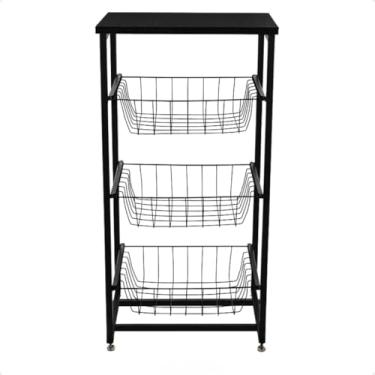 Imagem de Fruteira de Chão para Cozinha 3 Andares Cestos Tampa Suporte Bebedouro Filtro Galão Água Microondas(Preto/Preto)