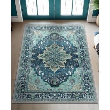 Imagem de RELEANY Tapetes de área 9,5 x 10,2 m lavável, antiderrapante, floral, vintage, estampa de angústia, tapete medalhão para sala de estar, quarto, sala de jantar, verde-petróleo, azul lago turquesa