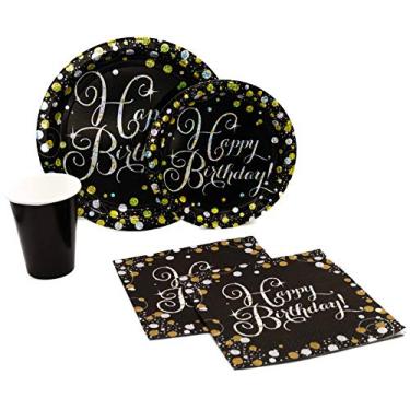 Imagem de Pacote de férias! Pratos de papel, guardanapos e copos descartáveis para 15 – Inclui pratos de sobremesa, pratos de jantar, guardanapos e copos, Sparkling Happy Birthday
