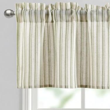 Imagem de JIUZHEN Sanefa de cozinha de 106 x 45 cm - Cortina de saia listrada de linho texturizado grosso com bolso de haste de 7,6 cm, verde listrado vertical (1 painel)