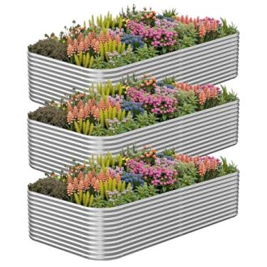 Imagem de CATMANOR Pacote com 3 canteiros de jardim elevados de aço galvanizado corrugado de 1,1 m x 5,8 m de altura ao ar livre, cama de metal acima do solo para vegetais e flores, canteiros elevados para
