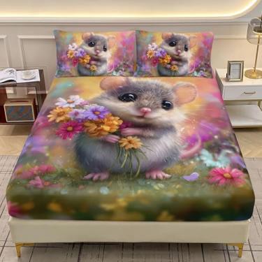 Imagem de AILONEN Jogo de lençol kawaii, hamster, tamanho casal, 3 peças, flores coloridas, desenho animado com mouse tie dye, lençol com elástico profundo e 2 fronhas
