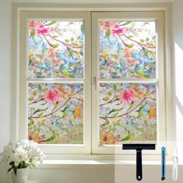 Imagem de Hilarious Película de janela de vitral floral arco-íris com aderência estática película de privacidade para janela de flores sem cola decorativa para janela, bloqueio de UV, controle de calor