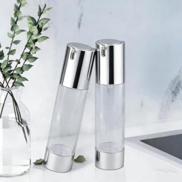 Imagem de 2 frascos de bomba Airless de 50 ml, garrafa de viagem cosmética a vácuo para desinfetante para as mãos, óleo de cabelo, loção, creme facial (prata