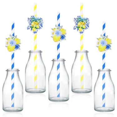 Imagem de Serencatcher 50 canudos de papel limão, decorações de festa de aniversário de limão, canudos listrados azuis para chá de bebê com limão, She Found Her Main Squeeze chá de panela casamento despedida de