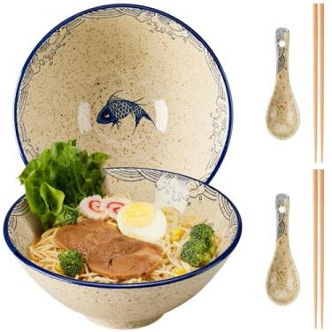 Imagem de hengshukeji Conjunto de tigelas de ramen japonês, 2 peças, tigelas grandes de macarrão de cerâmica de 1,134 g com pauzinhos e colheres para Pho, Udon, arroz, macarrão – Seguro para micro-ondas e