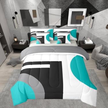 Imagem de Erosebridal Jogo de cama Queen com tema geométrico de 7 peças com tema geométrico de arte abstrata e azul petróleo e preto, cinza, branco, para meninas, adultos, adolescentes