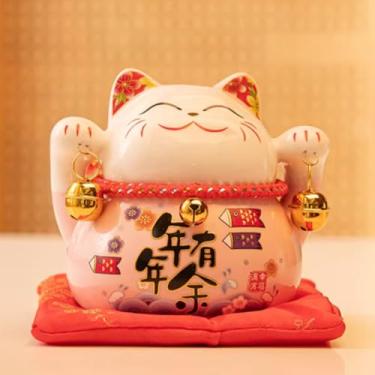 Imagem de FENNYYAR Mascote Maneki Neko rosa sino de mão de cerâmica, 12 cm 4,7 polegadas, estátua de decoração de casa de gato da sorte