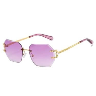 Imagem de HCHES Óculos de Sol Femininos Retrô Sem Armação com Lentes Degradê e Armação Poligonal com Proteção UV400 (Dourado e Roxo)
