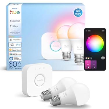 Imagem de Philips Hue Essential Starter Kit: Bridge + 2 E26 Lâmpadas Inteligentes Essenciais, Branco e Cor Ambiente, 2200K-6500K, Regulável, Works with Alexa, Google Assistant, Samsung SmartThings, Apple