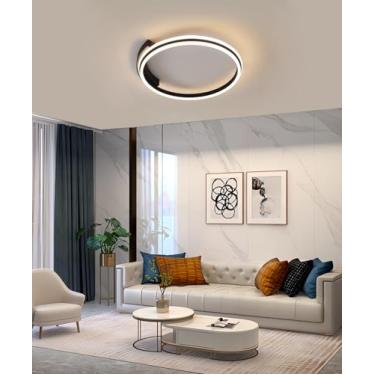 Imagem de Luminária de teto LED moderna, redonda, dimerizável (3000-6000K), com controle remoto. Ideal para corredor, escritório, quarto, cozinha e sala de estar. Iluminação inteligente (preta, 52cm d