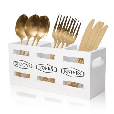 Imagem de Klmnop Organizador de talheres de madeira com divisórias removíveis, organizador de talheres para festas, 3 seções, colher de faca e garfo para bancada, cozinha, sala de jantar (branco)