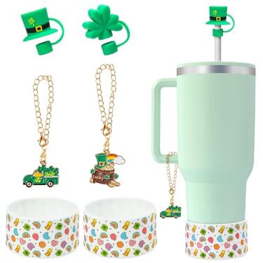 Imagem de QIMGIC Acessórios para copo do Dia de São Patrício - 6 peças de bota de silicone trevo com tampa de palha pingente de trevo compatível com copos de 850 g 1,134 g, presentes de decoração verde para