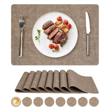 Imagem de Jogo americano de vinil, conjunto de 8 tapetes de couro sintético, à prova d'água e resistente ao calor, tapetes de mesa laváveis antiderrapantes com porta-copos para ambientes internos e externos, 43