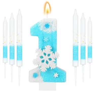 Imagem de IDIJOLI Conjunto de velas de aniversário Blue Frozen, floco de neve, branco, número 1, topos de cupcake, tema de inverno, decorações de festa de 1º aniversário, comemorações, suprimentos
