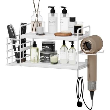 Imagem de Suporte de secador de cabelo 3 em 1 montado na parede com prateleiras de 2 camadas e cesta destacável, organizador que economiza espaço para banheiro, cozinha, quarto, resistente à ferrugem, fácil