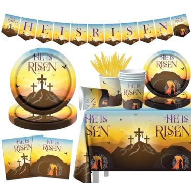 Imagem de Conjunto de utensílios de mesa He is Risen, decoração de festa, feliz Páscoa, pratos de papel religiosos, suprimentos de banner, toalha de mesa, faca, garfo, copos