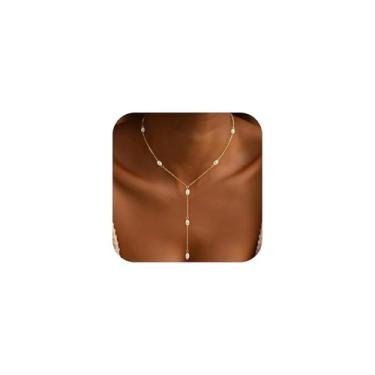 Imagem de Eaciy Colar de ouro Lariat para mulheres, colar longo delicado banhado a ouro 14 k, colar em forma de Y, moderno, barra em camadas, clipe de papel, colar de corrente com contas, joias de ouro simples