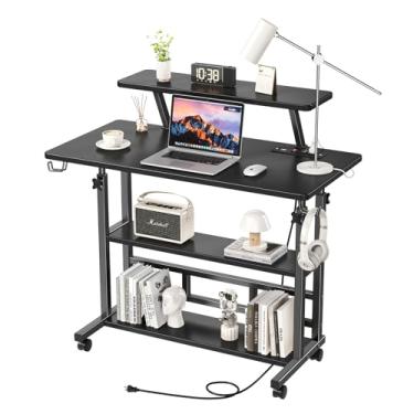 Imagem de Mesa de pé de altura ajustável com tomadas, mesa com suporte para monitor e prateleiras de armazenamento, mesa pequena para computador móvel de 80 cm, mesa portátil para laptop (preta com suporte para