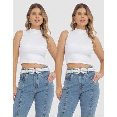 Imagem de Kit 2 Cropped Blusa Feminina Canelada Gola Alta Casual Elegante Verão 