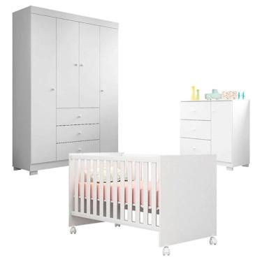 Imagem de Quarto de Bebê Duda 4 Portas com Berço Americano Mini Cama Doce Sonho 100 Branco Brilho – Phoenix Baby