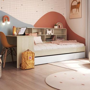 Imagem de Cama Solteiro Infanto Juvenil com Escrivaninha para Estudo Estante e Cama Auxiliar Carvalho/Branco - Completa Móveis