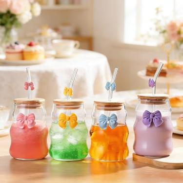 Imagem de 1 copo de vidro elegante com laço com tampa e canudo - Louça reutilizável listrada ondulada, ideal para leite, café e decoração de casa - perfeita para o dia dos namorados e celebrações, acessórios de