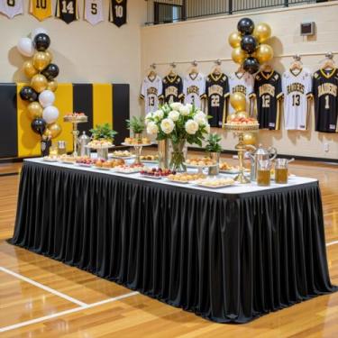 Imagem de Saia de mesa preta retangular, saias de mesa de 1,8 m, para professores, sala de aula, dormitório, mesa, chá de bebê, festa de aniversário, formatura, banquete, casamento, poliéster, plissado, saia de
