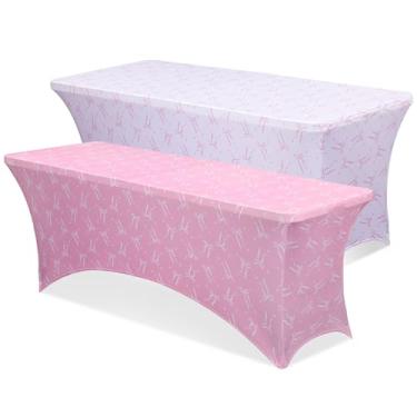 Imagem de Moukeren 2 peças de toalha de mesa de elastano de 1,8 m, capa de mesa elástica, laço rosa branco ou xadrez, retangular, lavável e resistente a rugas para festas de Natal, casamento, banquete