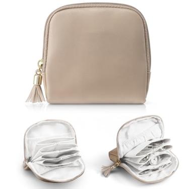 Imagem de Estojo de joias de viagem pequeno, design compacto e macio com zíper com interior de veludo para anéis, pulseiras, brincos, forro marrom e branco