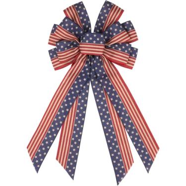 Imagem de YKW Grande laço de guirlanda patriótica 53 cm estrelas listras estopa para decoração de 4 de julho Memorial Day porta da frente