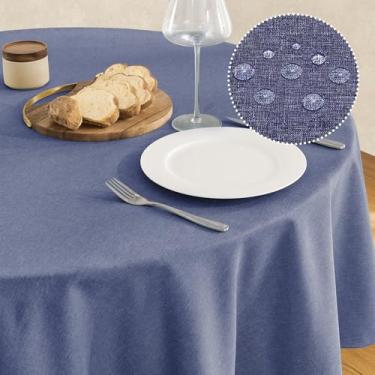 Imagem de Veblandy Toalha de mesa de linho texturizada à prova d'água e resistente a manchas, tecido decorativo sem rugas, capa de mesa para jantar/festa/buffet/casamento, 152 x 152 cm, azul escuro