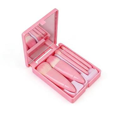 Imagem de Conjunto de 5 pincéis de maquiagem portáteis com espelho, kit de mini pincéis cosméticos para viagem, base para sombra, pincel de blush em pó (rosa)