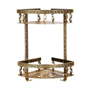 Imagem de KHUTRW3D Suporte de chuveiro de canto de 2 níveis montado na parede, cesta de canto de chuveiro de metal antigo com entalhe requintado, organizador de prateleiras de chuveiro com 2 ganchos