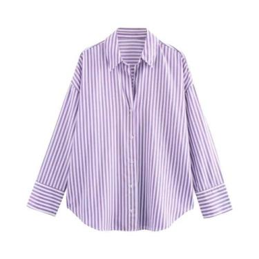 Imagem de Camisa Feminina De Manga Longa Listrada Com Lapela, Ajuste Solto, Pope