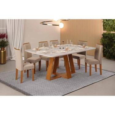 Imagem de Conjunto: Mesa de Cozinha Celeste c/ Tampo Madeirado Retangular 170x90cm e 6 Cadeiras Zoe Freijo/Quartzo - Suede Creme - DJ Móveis