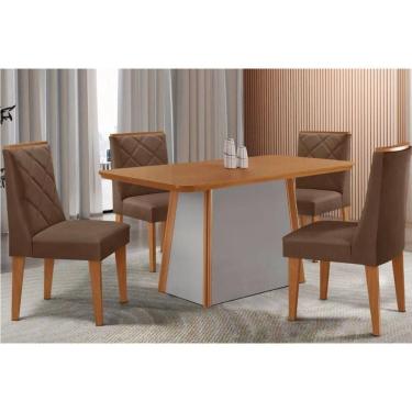 Imagem de Conjunto Sala de Jantar Tilia c/ Tampo Madeirado Canto Curvo 120x80cm e 4 Cadeiras Pietá Madeira Maciça Naturale/Off White - Capuccino/Suede Marrom-Ru