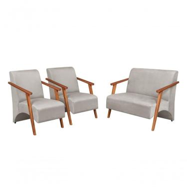 Imagem de Conjunto Venus Braços Em Madeira Maciça 1 Namoradeira 2 Poltronas Suede Unidecor Bege
